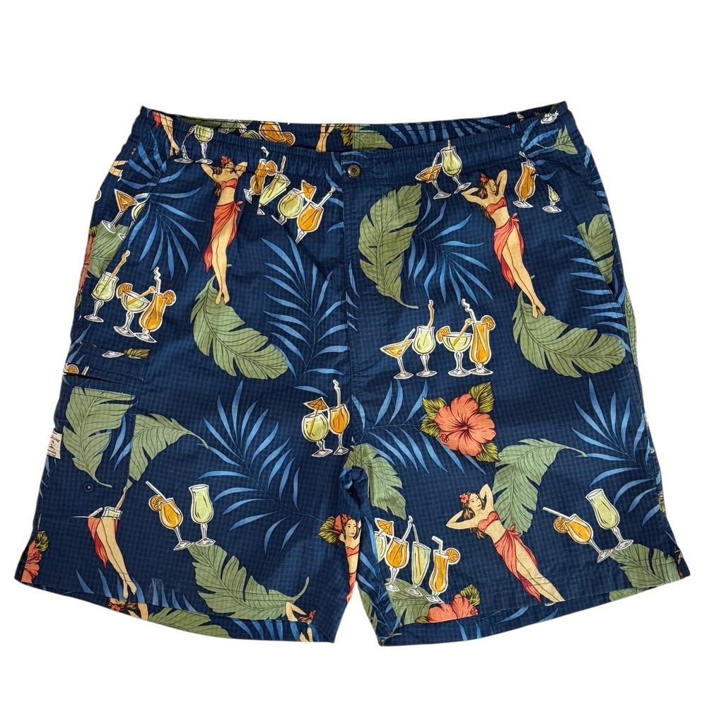 Tommy Bahama Mens Navy Hula Girl Cocktail Print Swim Trunks Cargo Shorts Medium